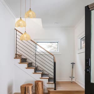 Cali 20 in. 3-Light Gold Natural Coastal Boho Cluster Pendant Light for Foyer with Multi Rattan Shade