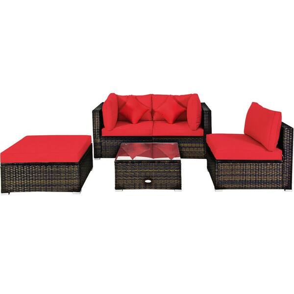 FORCLOVER 5Pieces Rattan Outdoor Furniture Set Sectional Patio Conversation with Red Cushions