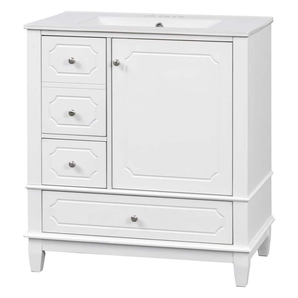 30 in. Single Sink Solid Wood Frame Freestanding White Bath Vanity with White Ceramic Top, Unassembled, Soft Close