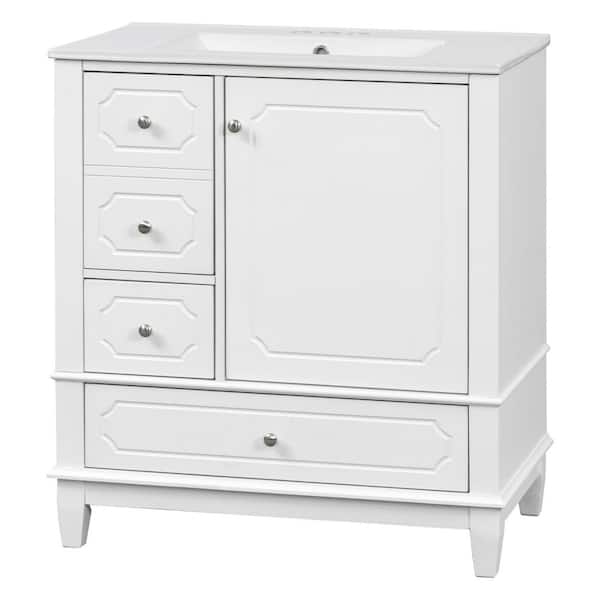 30 in. Single Sink Solid Wood Frame Freestanding White Bath Vanity with White Ceramic Top, Unassembled, Soft Close
