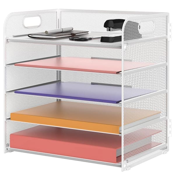 Elegant White 9 in. W x 13.5 in. H Metal 5 Tray Paper Organizer Letter Tray, Paper Sorter Desk Organizer for Office Home
