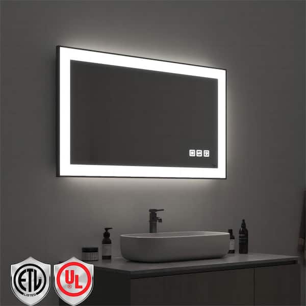 40 in. W x 24 in. H Rectangular Framed LED Anti-Fog Wall Mirror in Black with Backlit and Front Light