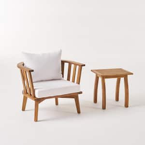 Barton Teak Brown 2-Piece Wood Patio Conversation Seating Set with White Cushions
