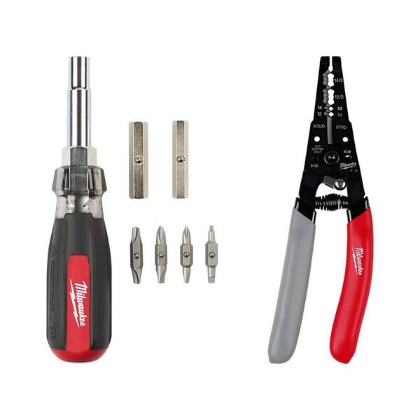 Milwaukee 13 In 1 Multi Tip Cushion Grip Screwdriver With 12 16 Awg Nm Dipped Grip Wire Stripper 6917