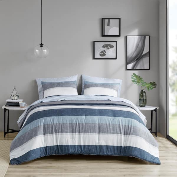Deacon Blue/Grey Polyester Full Stripe Comforter Set