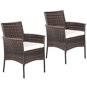 Brown Wicker Outdoor Patio Dining Chair with White Cushions (Set of 2)