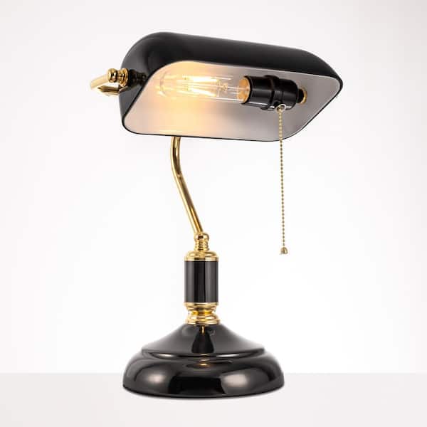 YANSUN 15 in. Task and Reading Elegant Bankers Desk Lamp w/ Black Glass Shade, Adjustable Angle and Pull Chain Switch for Study