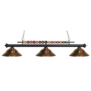 Shark 3-Light Matte Black Billiard Light with Metal Antique Copper Shade with No Bulbs Included