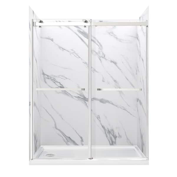 Lagoon 60 in. x 76 in. Left Drain Alcove Shower Kit in Carrara White and Brushed Nickel Hardware