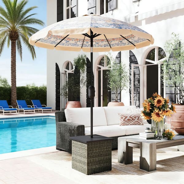 gray and white patio umbrella Striped Deluxe push lift system 17.6 lb. Steel and PE