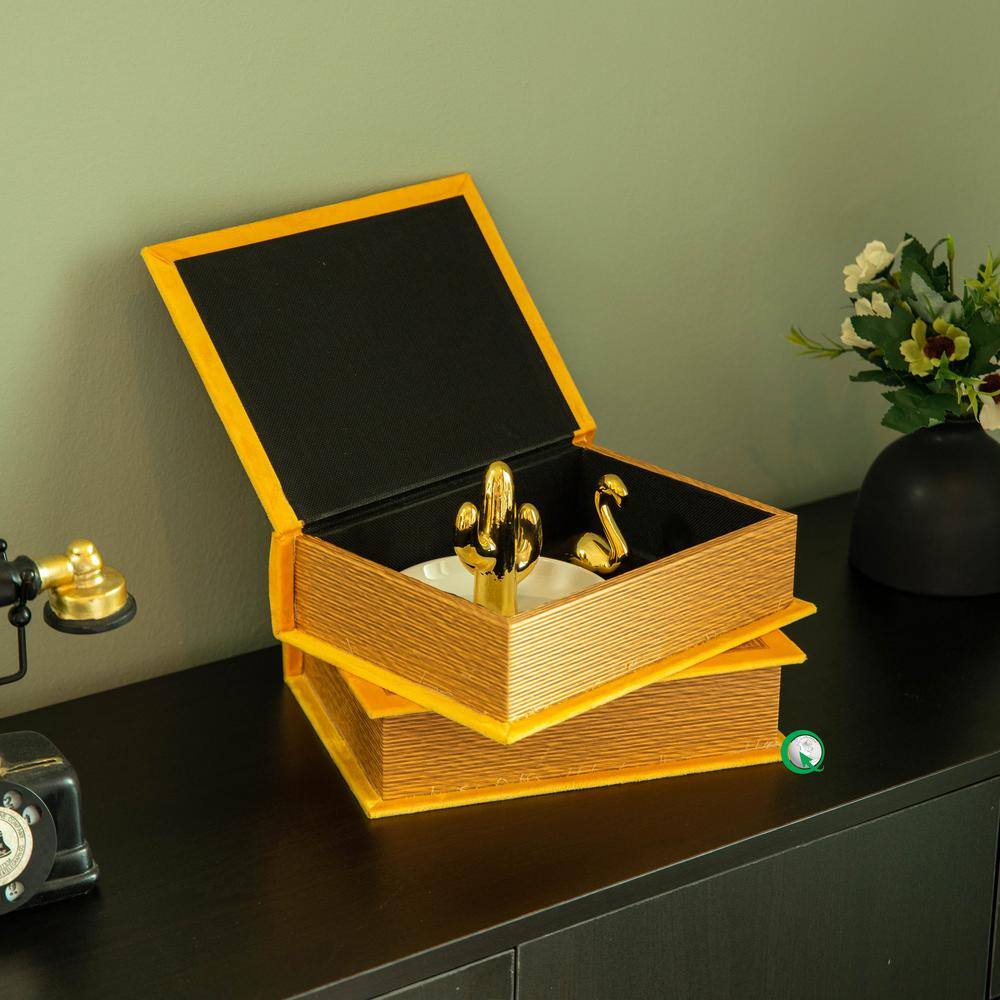 Set of 4 Yellow Vintage Book Shaped Wooden Storage Boxes