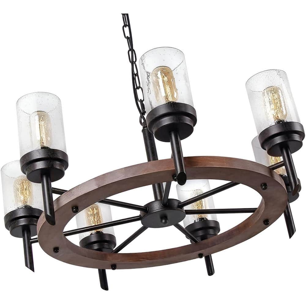 Noble Oak 7-Light Black Wood Chandelier with Seeded Glass Shade, Retro Wago
