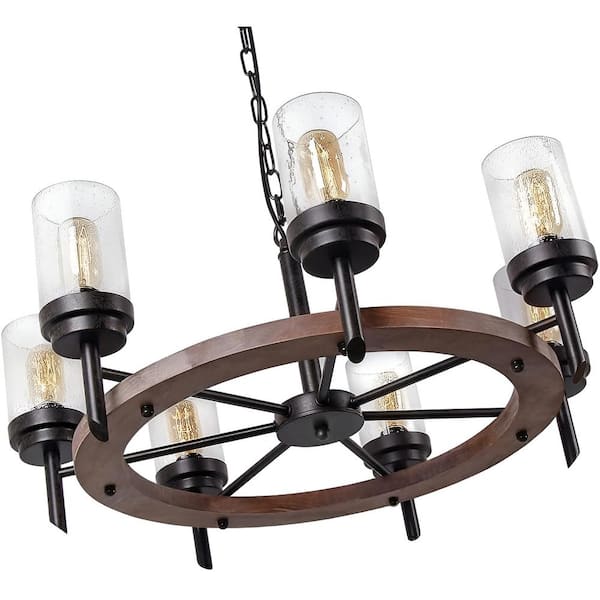 Unbranded Noble Oak 7-Light Black Wood Chandelier with Seeded Glass Shade, Retro Wagon Wheel Medieval Vintage Pendant