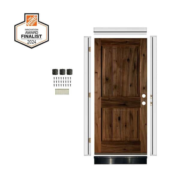 DIY 36 in. x 80 in. Knotty Alder Square Top VG Left-Hand Provincial Stain Wood Front Door Kit w/ Quick Assemble Jamb