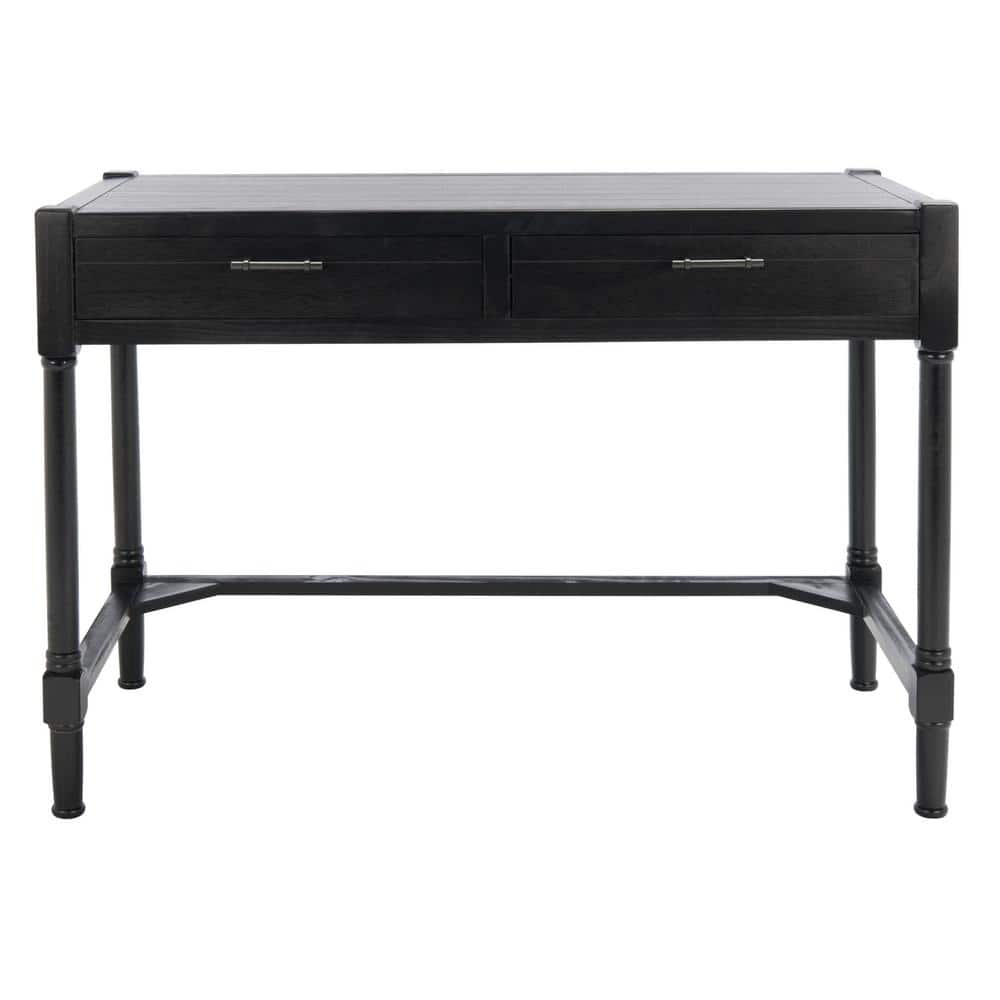 Elegant Carved Black Wood Writing Desk with Dual Storage Drawers