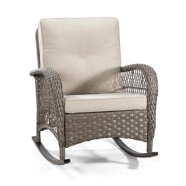 Gardenbee Brown Wicker Outdoor Rocking Chair Patio with Beige Cushions (1-Pack)