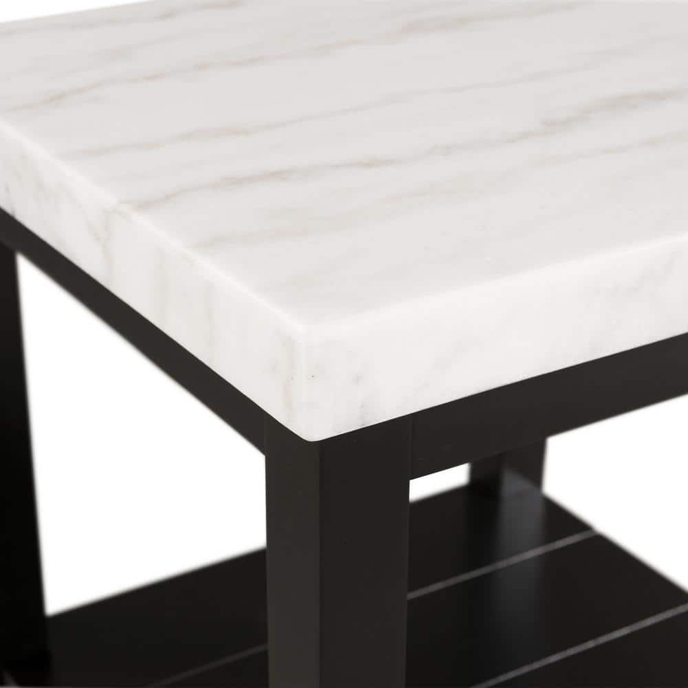 Transitional Black and White Marble Square End Table with Shelf