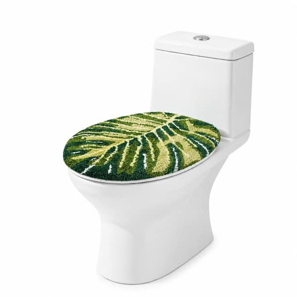 Green Palm Leaf Monstera Toilet Lid Cover 14.9 x 16.5 in. Tropical Plush Flocking Universal Rubber Seat