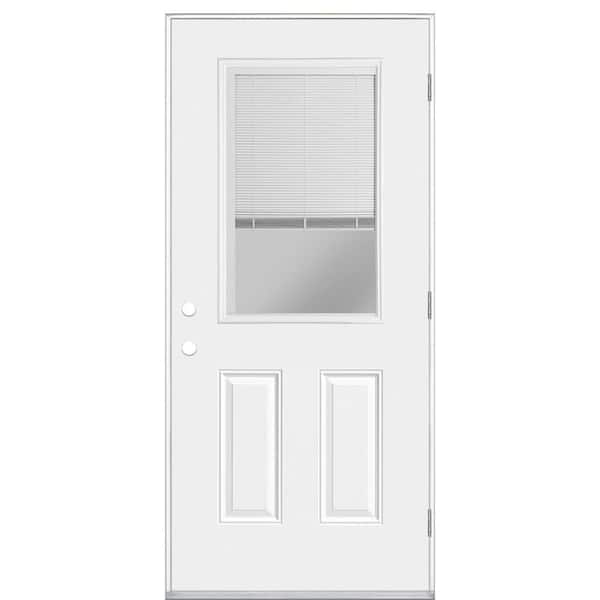 Masonite 32 in. x 80 in. Premium 1/2 Lite Miniblind Left-Hand Outswing Primed Steel Prehung Front Exterior Door No Brickmold