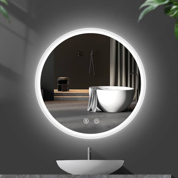 Getpro 28 in. W x 28 in. H Large Round Frameless Defogger Wall Mounted Light Smart Backlit LED Bathroom Vanity Mirror in Silver