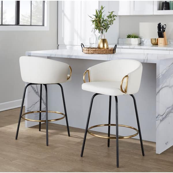 Claire 25.75 in. White Faux Leather and Black Metal Fixed-Height Counter Stool (Set of 2)