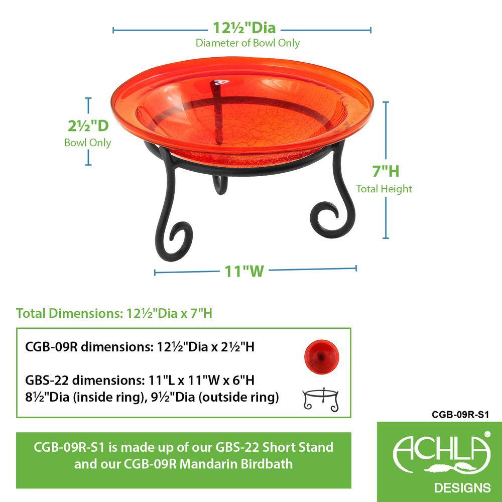 Tomato Red Crackle Glass Birdbath with Wrought Iron Stand