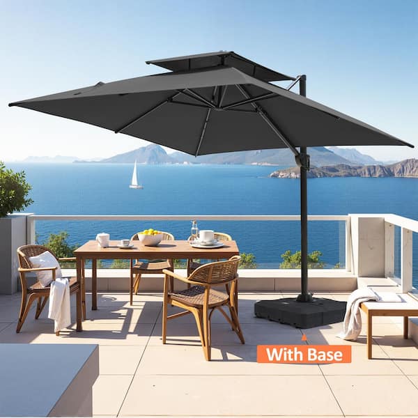 Pellebant 10 ft. Square Dual-Top Aluminum 360° Rotation Offset Outdoor Cantilever Patio Umbrella in Black with 8-Wheel Base