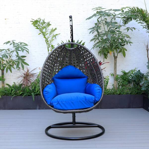 LeisureMod Wicker 2 Person Hanging Egg Swing Chair With Cushion Indoor  Outdoor Use in Charcoal Blue 