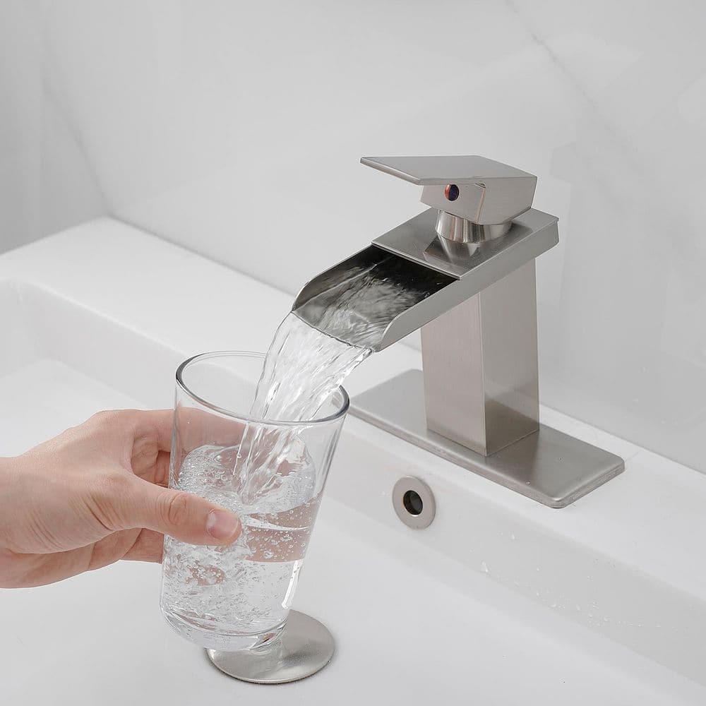 Brushed Nickel Single-Handle Waterfall Bathroom Faucet with Pop-Up Drain