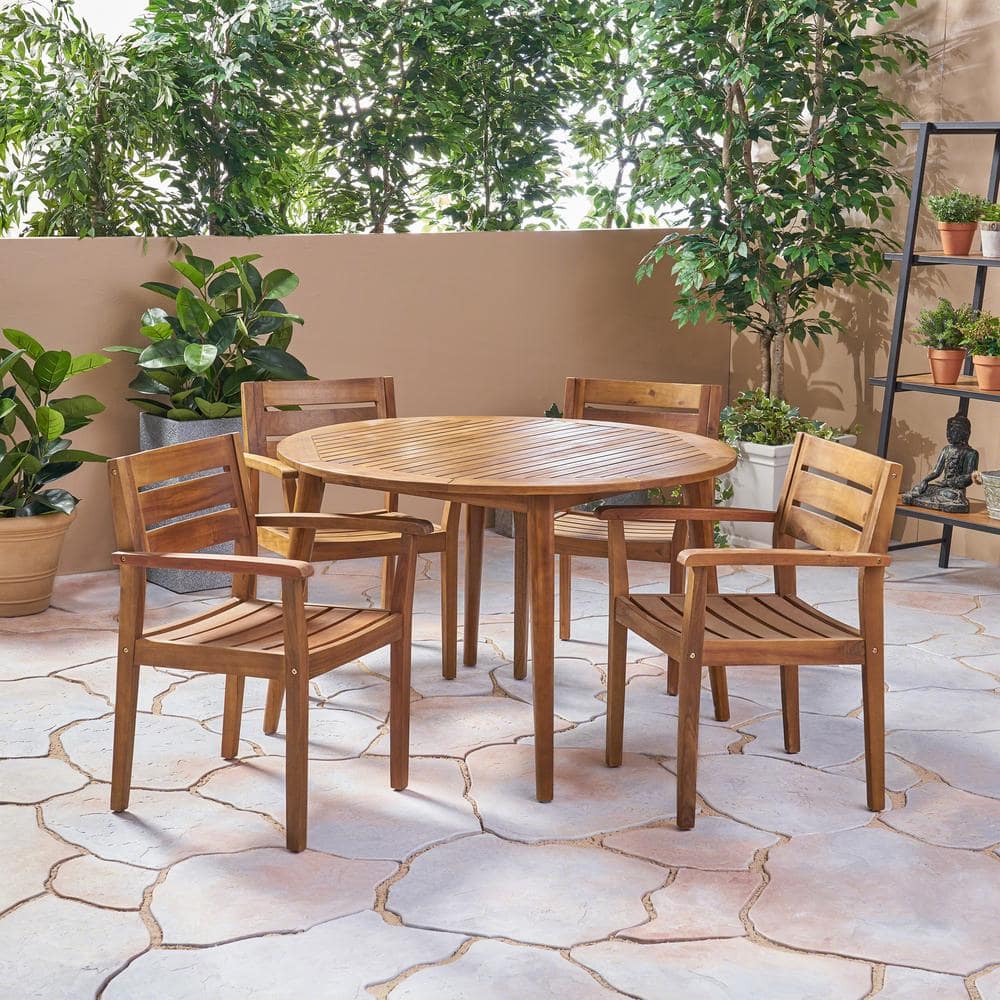 Teak Finish Acacia Wood 5-Piece Outdoor Dining Set