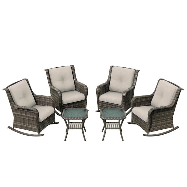6-Piece Brown Wicker Outdoor Rocking Chair with Beige Cushions