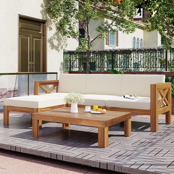 ANGELES HOME 5-Piece Solid Wood Sectional Patio Conversation Set with Beige Cushions and Natural Finish