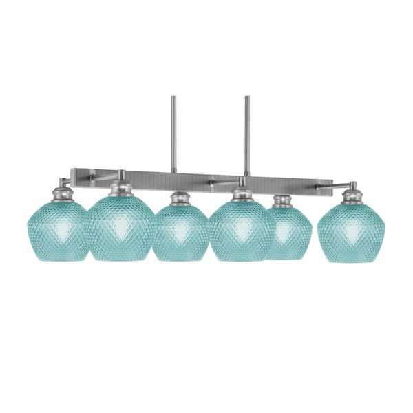 Unbranded Albany 6 Light Brushed Nickel Downlight Chandelier, Linear Chandelier for the Kitchen with Turquoise Glass Shades