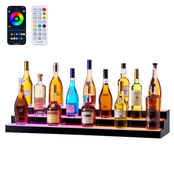 LED Lighted Liquor Bottle Display, 3 Tiers 40 in, Acrylic Bar Shelf with USB, RF Remote & App Control, for 30-39 Bottles