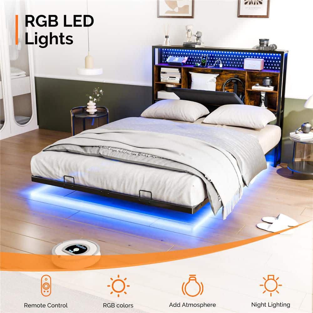 Multi-Colored Metal Frame King Size Platform Bed Floating Bed with LED Light and Charging Station Upholstered Headboard - thumbnail 4