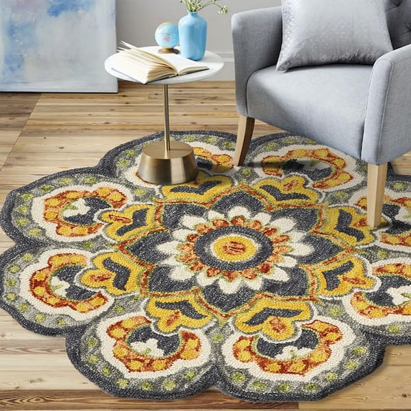 Daliah Gray/Yellow 4 ft. Round Classic Hand-Tufted Transitional Wool Indoor Area Rug