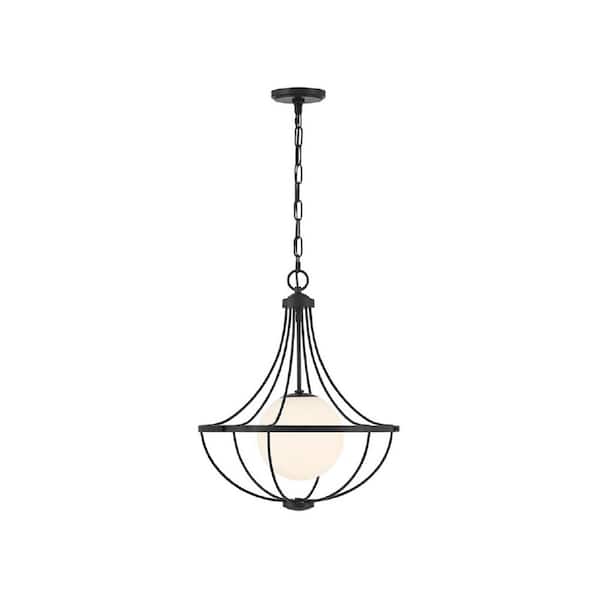 TUXEDO PARK LIGHTING 18 in. W x 22 in. H 1-Light Matte Black Contemporary Pendant Light with White Opal Glass Shade