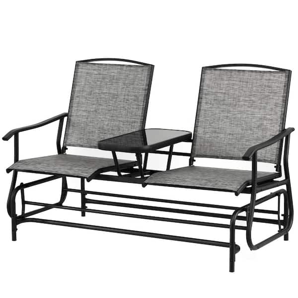 Gardenised Two Person Outdoor Double Swing Glider Chair Set with Center Tempered Glass Table, Loveseat Lawn Rocker Bench