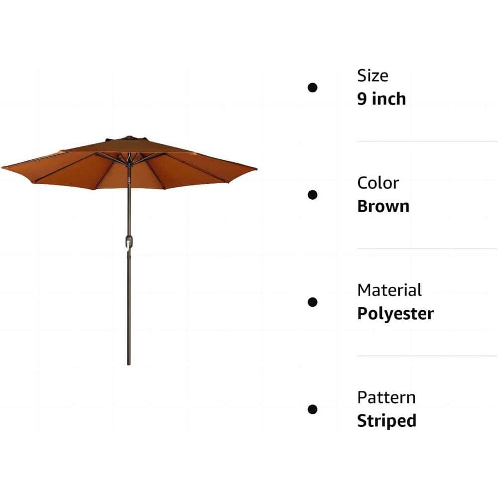 9 ft Brown Round Market Patio Umbrella with Black Aluminum Pole