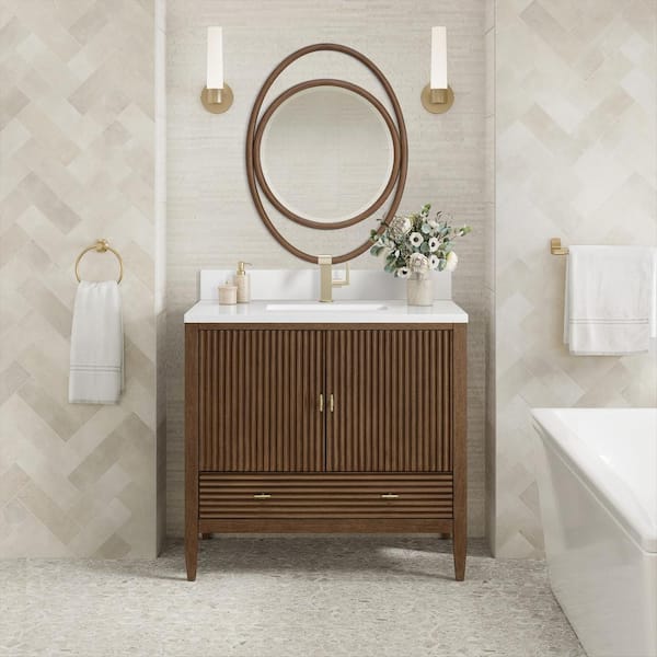 James Martin Vanities Martin 36.0 in. W. x 23.5 in. D x 34.06 in. H Single Bathroom Vanity in Mid-Century Walnut with White Zeus Quartz Top