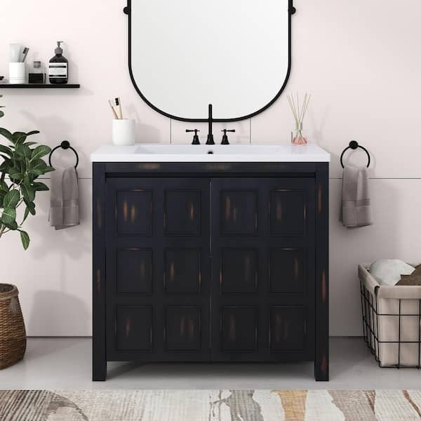 Aoibox 36 in. W x 18 in. D x 34 in. H Single Sink Bathroom Vanity Cabinet in Espresso with Doors, White Resin Basin Top