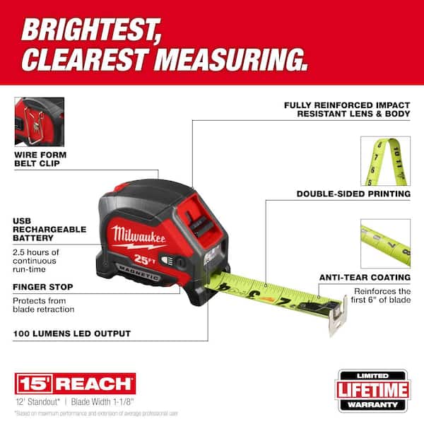 Milwaukee - 25 ft. x 1-1/16 in. Compact Wide Blade Tape Measure with LED