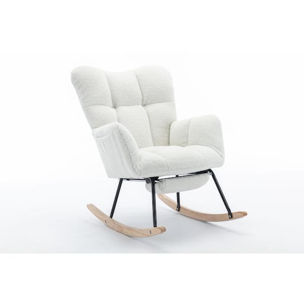 Sudzendf White Teddy Fabric Metal Outdoor Rocking Chair With Adjustable Footrest