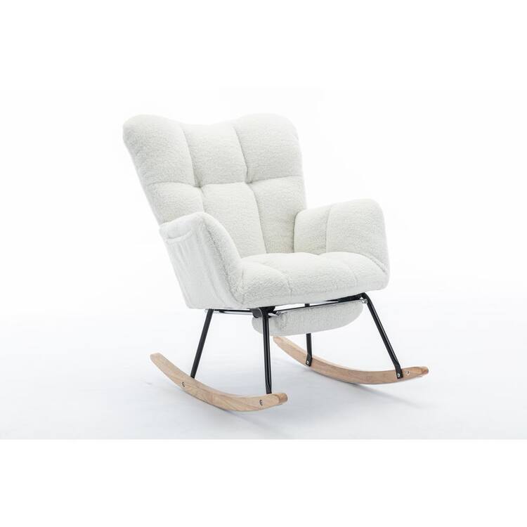 Sudzendf White Teddy Fabric Metal Outdoor Rocking Chair With Adjustable Footrest
