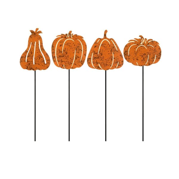 12 Inch Orange Steel Pumpkin Garden Stakes Rustic Metal Decorative Yard Sign Autumn Harvest 4-Pack