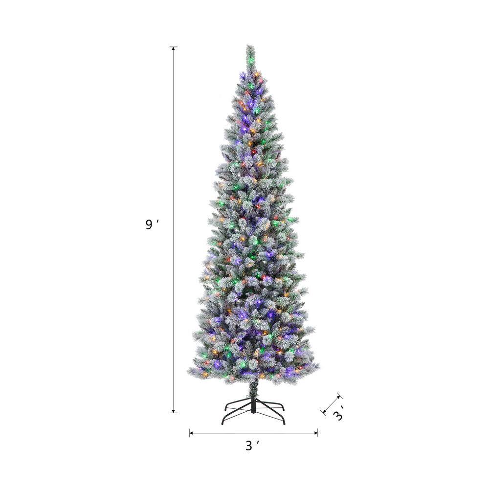 9' White Flocked Pine Christmas Tree with Multicolored Lights