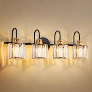 Katherine 29.5 in. 4-Light Modern Black with Gold Bathroom Vanity Light with Round Crystal Shades