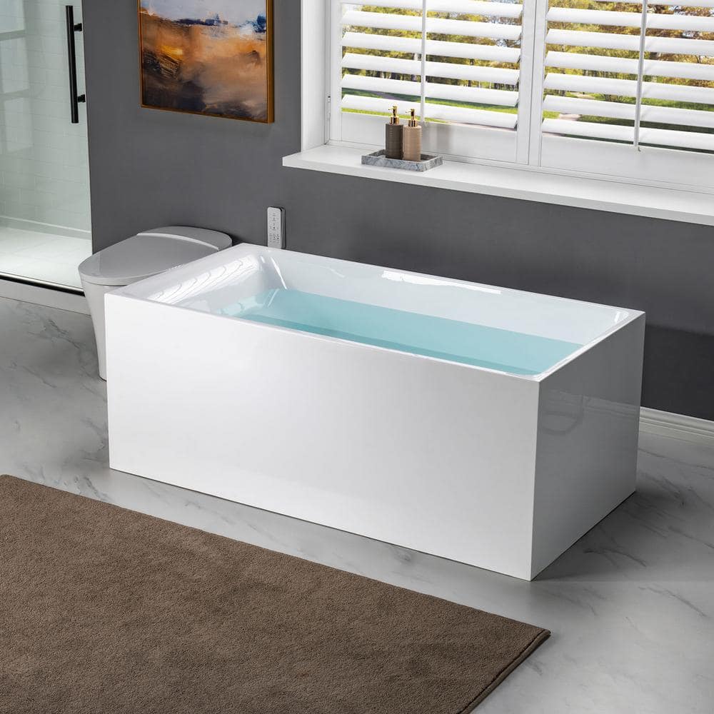 59'' x 29.5'' Freestanding Rectangular Acrylic Soaking Bathtub with Built-In Storage