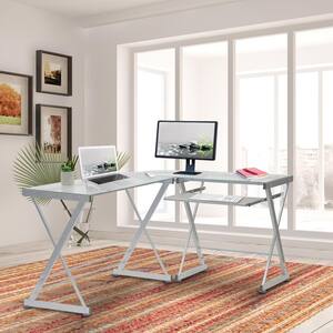 45.25 in. L-Shaped White Glass Computer Desk with Keyboard Tray