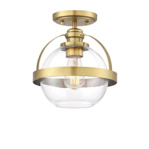 Pendleton 9.38 in. W x 9.75 in. H 1-Light Warm Brass Semi-Flush Mount Ceiling Light with Clear Glass Orb Shade